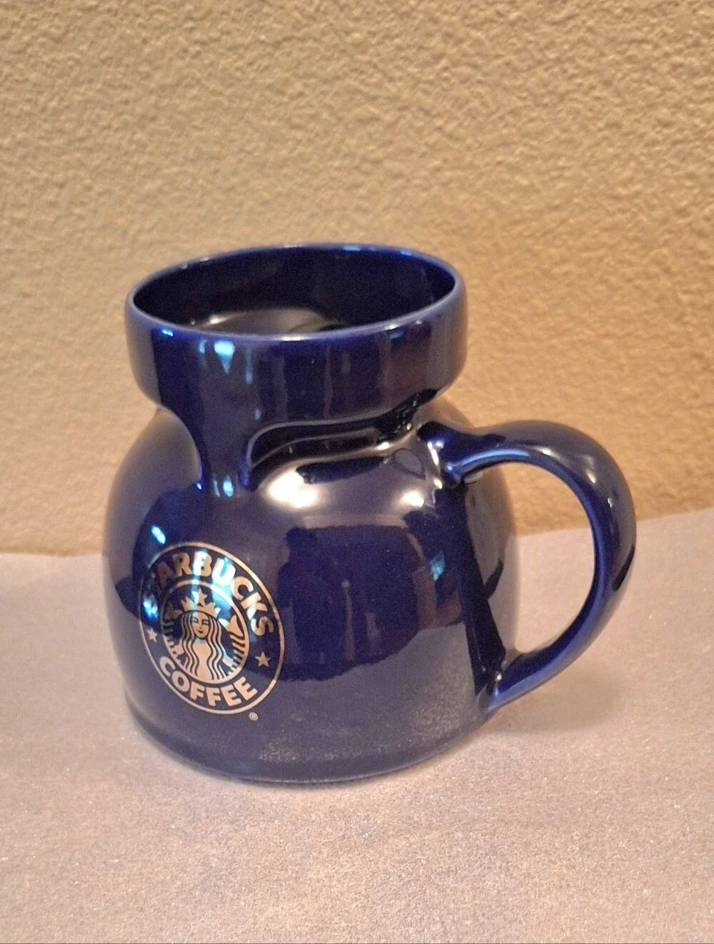 Vintage Starbucks Blue FAT Boy Travel Mug & Lid. Ceramic With Gold Logo